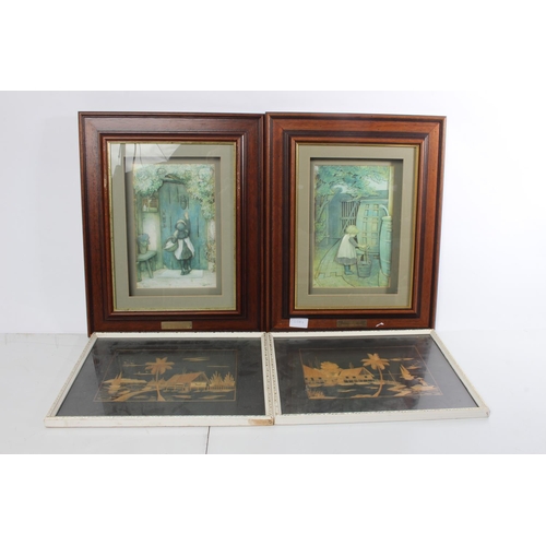 233 - A pair of vintage Oriental design pictures and a pair of mahogany framed decoupage pictures 'The Vis... 