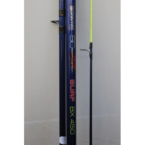 331 - A Grauvell Sport Carbon Surf BX450 three piece fishing rod.