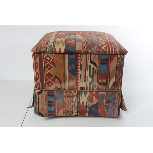 360 - An upholstered lidded footstool containing an assortment of sewing items.