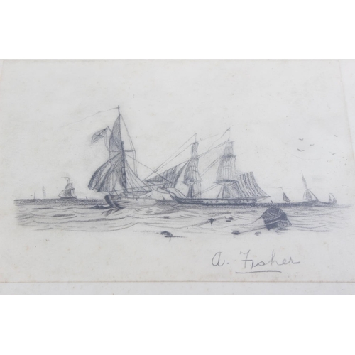 380 - A vintage framed pencil sketch of sailing ships signed A Fisher.