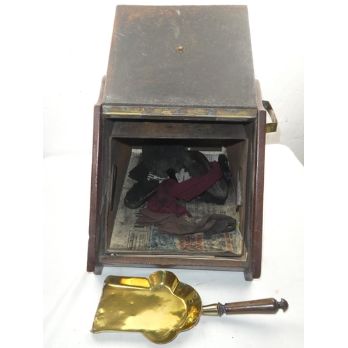 442 - An antique mahogany coal box with brass detail and shovel.