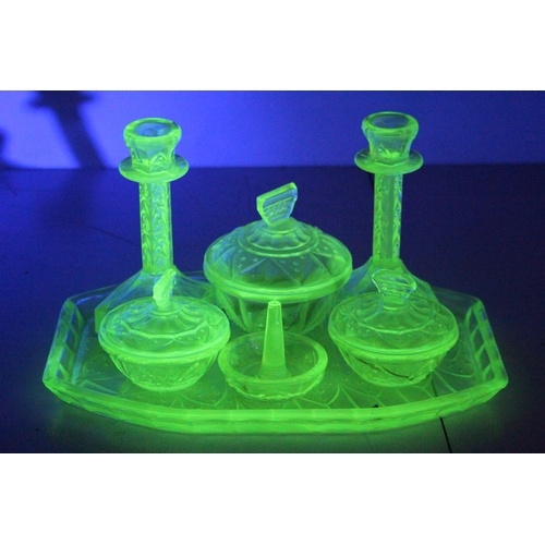 144 - A stunning antique/ Art Deco Uranium Glass dressing table set.