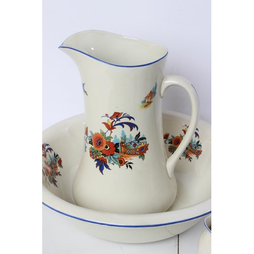 213 - A vintage Empire Ware 'Merry Glaze' jug and basin set, chamber pot and tooth brush holder.