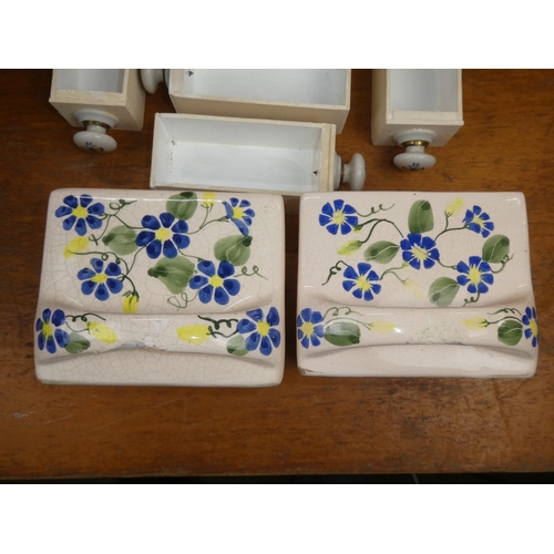 231 - A small wooden table top spice chest with two floral ceramic drawers (a/f).