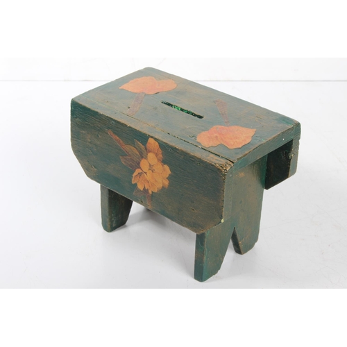 367 - A miniature handmade money box in the style of a stool.