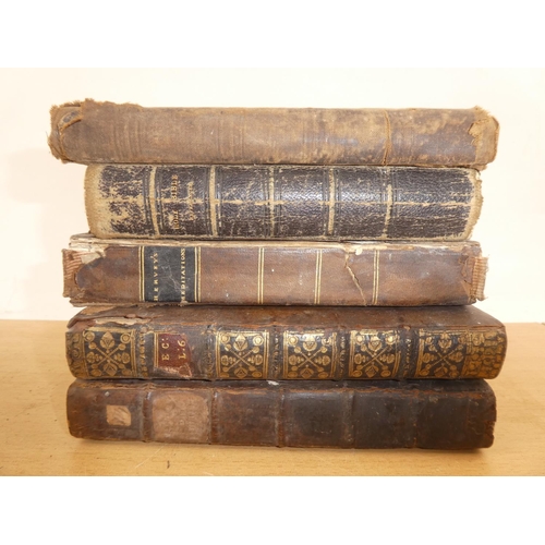 109 - Five antique leather bound books to include 'De Literis Inventis' book six by William Nichols inscri... 