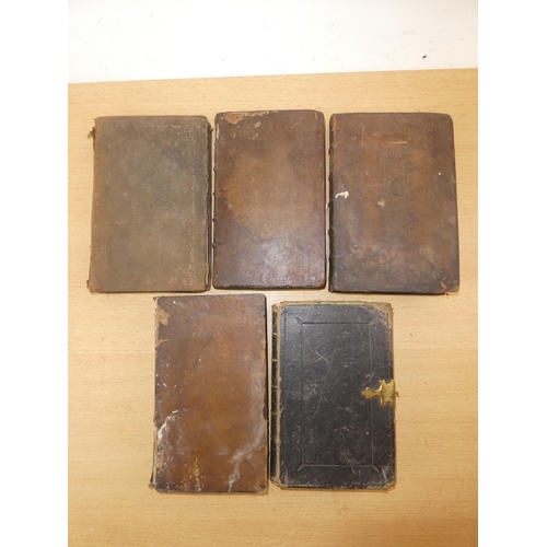 109 - Five antique leather bound books to include 'De Literis Inventis' book six by William Nichols inscri... 