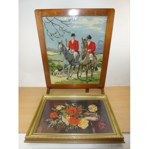 127 - A vintage tapestry firescreen of a hunting scene and another gilt framed tapestry of flowers.