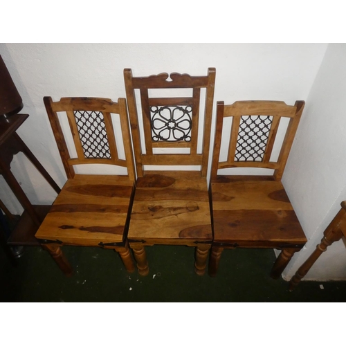 166 - A set of six pine dining room chairs with wrought iron detail