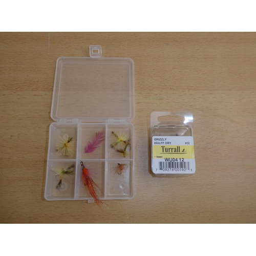 199 - A small plastic storage box containing fishing flies and more.