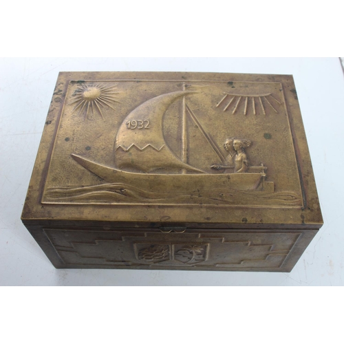 72 - An antique brass bound Art Deco style box, dated 1932, measuring