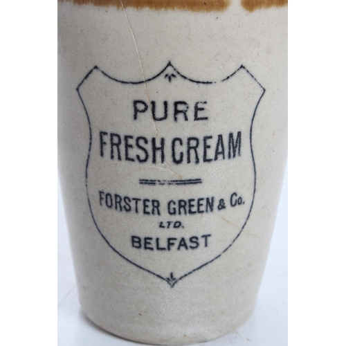 99 - An antique stoneware cream pot, 'Pure Fresh Cream - Forester Green & Co Ltd - Belfast'. (a/f)