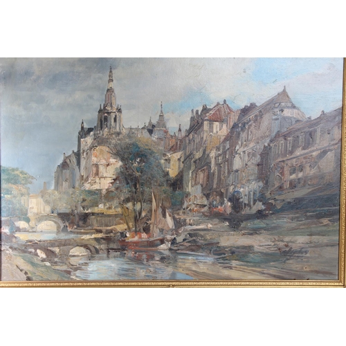 104 - A large original oil painting of a city river scene, signed by the Artist, in decorative gilt frame.... 