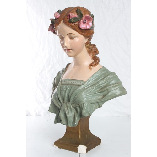 150 - A stunning antique/ Art Nouveau Chalkware bust, measuring 49cm. (a/f)