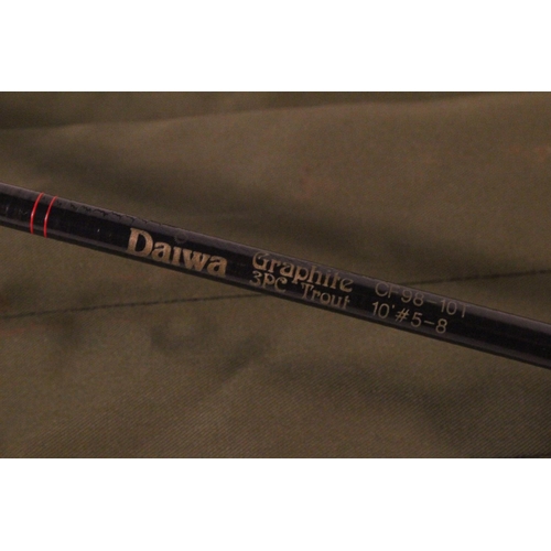 210 - A Daiwa Trout 3 piece graphite fishing rod and bag.