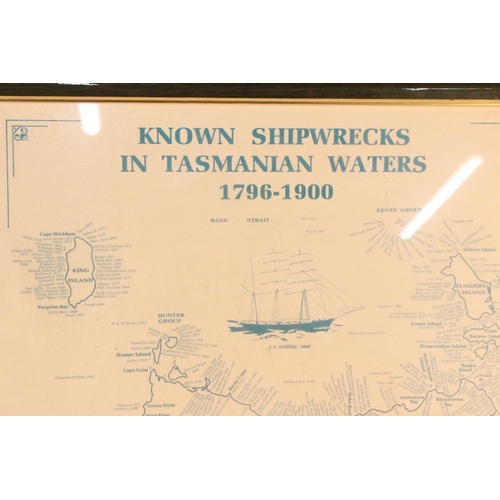 253 - A framed print 'Known Shipwrecks in Tasmanian Waters dated 1796 - 1900 and more.