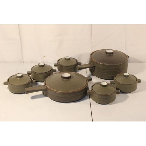 408 - Two vintage Denby casserole dishes and five lidded bowls.