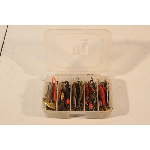 553 - A box of assorted fishing lures.