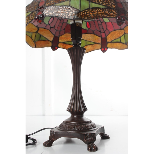 189 - A stunning Tiffany style table lamp with stained glass 'Dragonfly' shade, measuring dia 17inches.