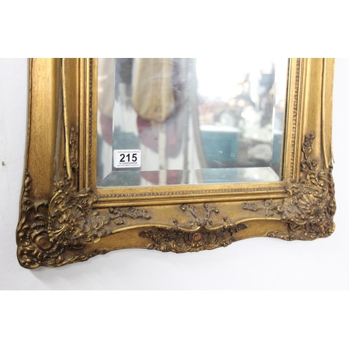 215 - A pair of large gilt framed mirrors with inset carved panels, bevelled glass & seals to rear. Each m... 