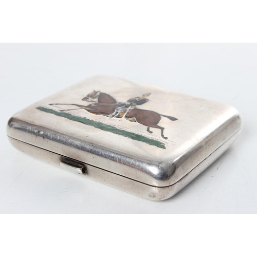 234 - A stunning antique sterling silver cigarette box with enamel scene of Soldier on horseback, engraved... 