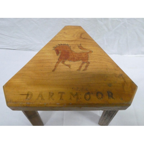 312 - A handmade wooden 3 legged stool with 'Dartmoor' to seat. measuring 12.5x12x11inches.