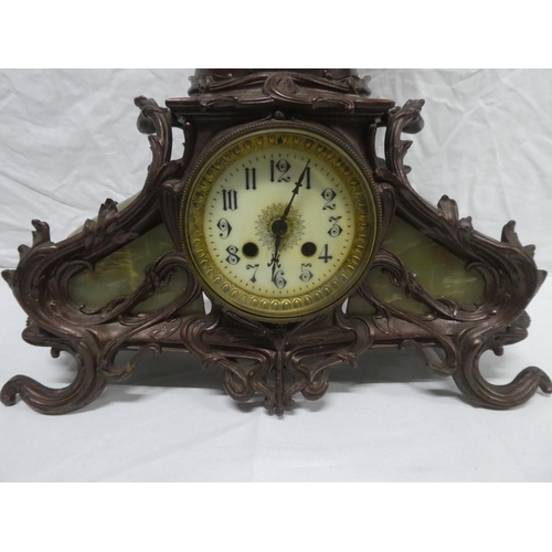 315 - A stunning antique Art Nouveau style mantle clock with cast metal case & large figure & inset marble... 