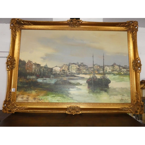 324 - A large painting of a harbour scene, signed Marco Kareau, in decorative frame, measuring 30x40inches... 