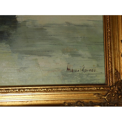 324 - A large painting of a harbour scene, signed Marco Kareau, in decorative frame, measuring 30x40inches... 