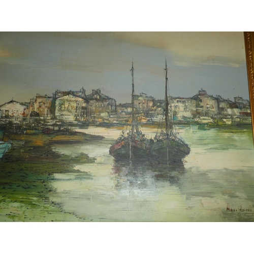 324 - A large painting of a harbour scene, signed Marco Kareau, in decorative frame, measuring 30x40inches... 