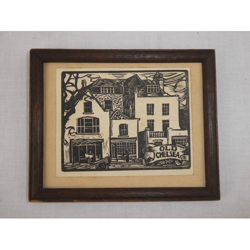 342 - A small linocut print, 'Old Chelsea', signed MP.