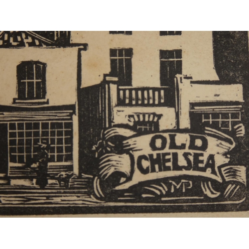 342 - A small linocut print, 'Old Chelsea', signed MP.