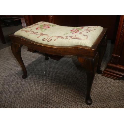 347 - An antique dressing table stool on cabriole legs with tapestry seat pad.