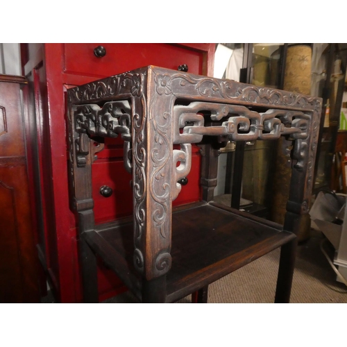 359 - A stunning antique Chinese occasional table ,with carved hardwood frame & marble top. 42x31x81cm.