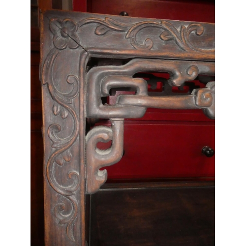 359 - A stunning antique Chinese occasional table ,with carved hardwood frame & marble top. 42x31x81cm.