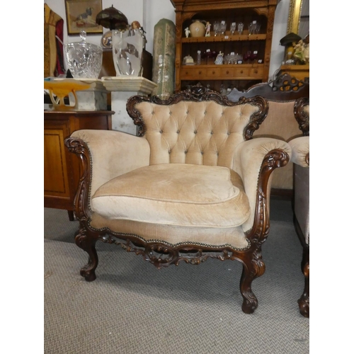 362 - A stunning antique style pair of armchairs with button back upholstery & decoratively carved frames.