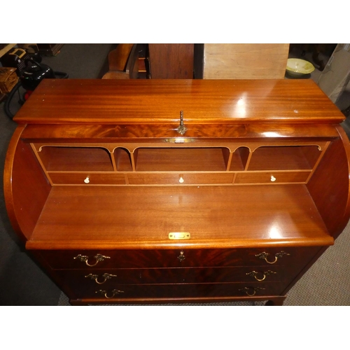 370 - An antique style roll top writing bureau/ desk with brass hardware. 91x45x98cm.