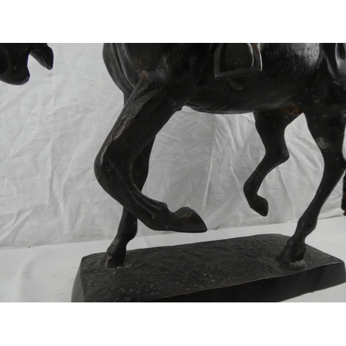 406 - A stunning large hollow cast bronze figure of a jockey on horse, no visible signature, measuring 24x... 