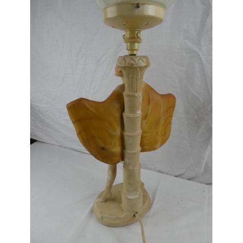 440 - A stunning antique/ Art Deco chalkware table lamp, with original glass shade & 'Flapper Girl' figure... 