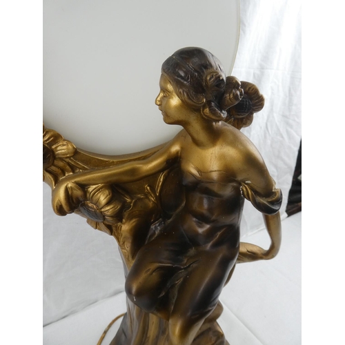 442 - A stunning vintage/ Art Deco style plaster table lamp, with decorative figure & glass panel. Measuri... 