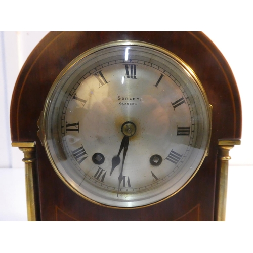 455 - A stunning antique/ Edwardian arch top mantle clock, with inlaid case, brass pillars & silvered dial... 