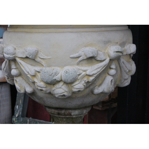 509 - A stunning pair of large antique style garden urns on pedestal bases, with decorative design. Each U... 