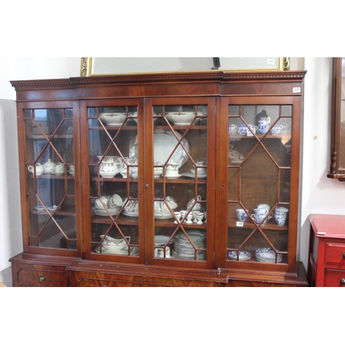 297 - A modern bookcase bureau, with decorative glass doors, measuring 15x78x71inches.