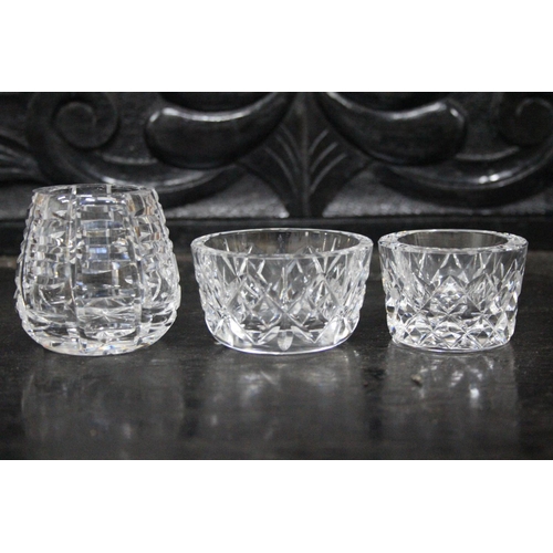 517 - Two Waterford Crystal salt dishes and a small Waterford Crystal vase.