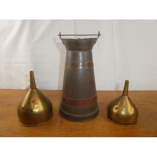 166 - A pair of antique brass spirit funnels & antique tin milk pail.