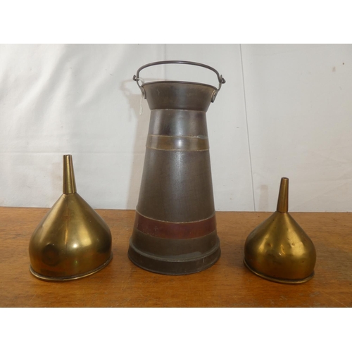 166 - A pair of antique brass spirit funnels & antique tin milk pail.