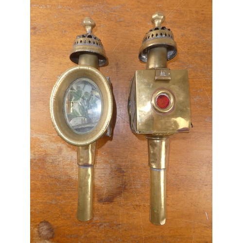 184 - A pair of vintage brass carriage lamps.