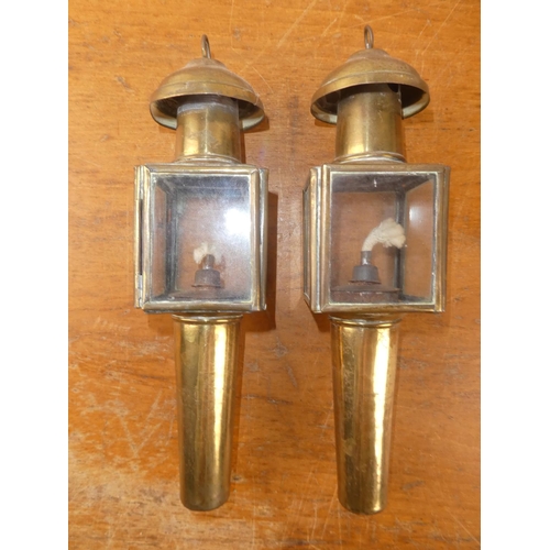 190 - A pair of brass carriage style lamps.