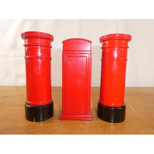 212 - Three metal post box money boxes.