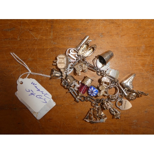 147 - A stunning silver charm bracelet with an assortment of silver charms, total weight 54g.